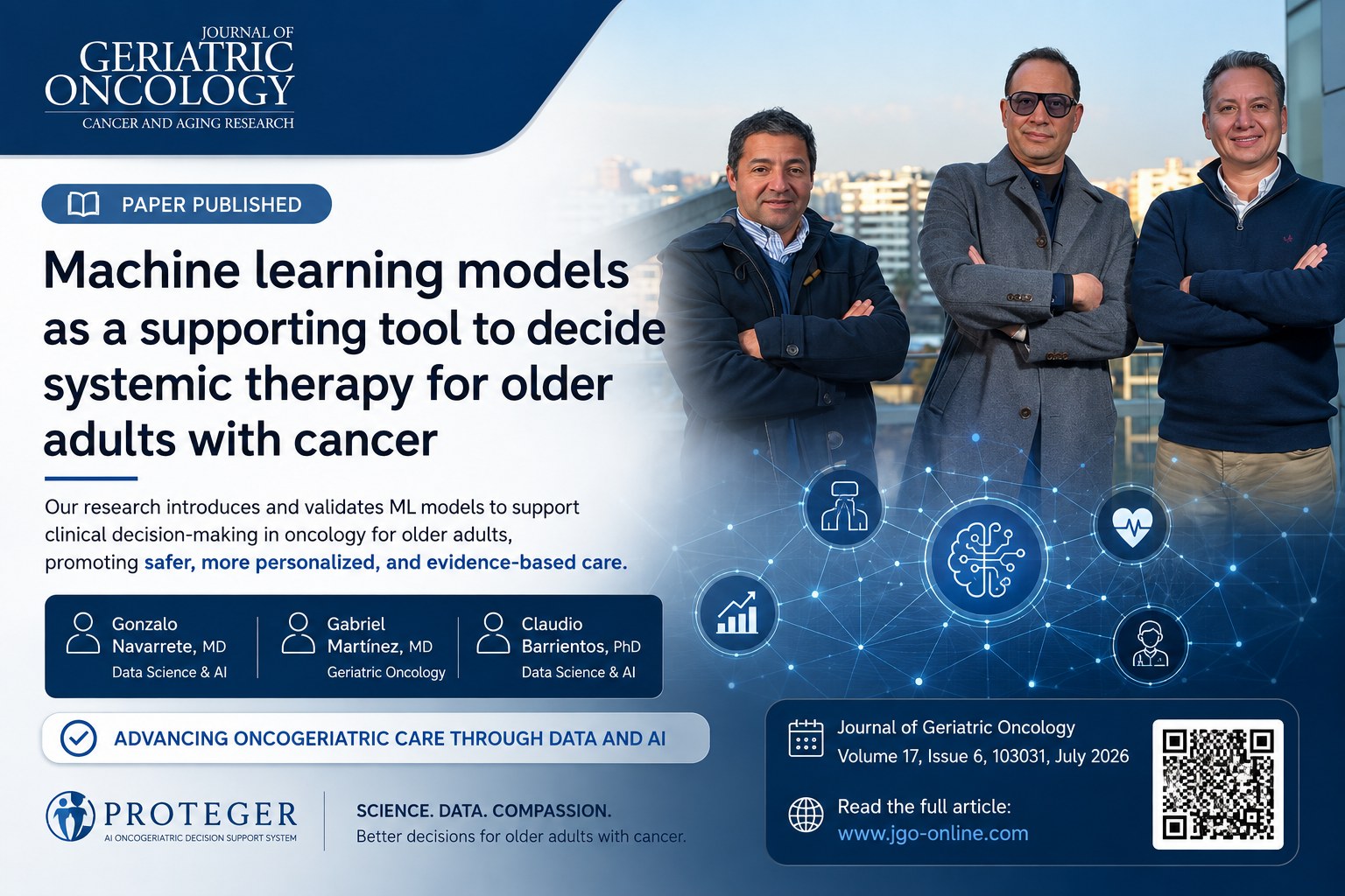 Afiche del artículo publicado en el Journal of Geriatric Oncology, con los autores Gonzalo Navarrete, Gabriel Martínez y Claudio Barrientos